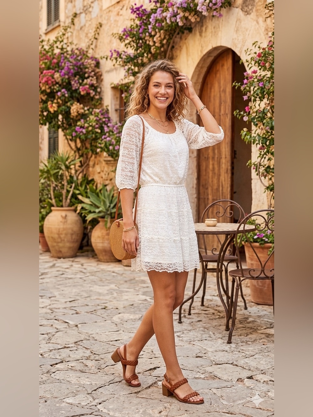 My Michelle Beige  Lace Mini Dress with Sheer Sleeves
